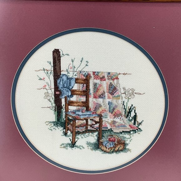 Framed Cross-Stitch Art With Wooden Chair & Quilt Scene In Oak Frame - Picture 2 of 6